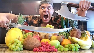 REAL LIFE FRUIT NINJA VS GIANT 100LBS AXE EXPERIMENT!! (DANGEROUS WEAPONS)