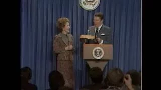 President Reagan's Press Briefing and surprise birthday in Press Room, February 4, 1983