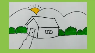 Simple rules for drawing village scenes for Beginners || Village scenery drawing