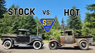 Stock Vs. Hot Rod. Comparing  two 1931 Model A pickups.