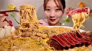 ASMR Rose Cream Pasta Steak【Mukbang/ Eating Sounds】【English subtitles】