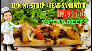 EPIC NY-STRIP  🥩 STEAK 🥖 SANDWICH ITALIAN STYLE RECIPE with Peppers, Onions, Provolone, & Arugula