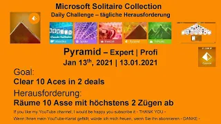 Pyramid - Expert | Jan 13, 2021 | Daily Solitaire Collection | Goal: Clear 10 Aces in 2 deals