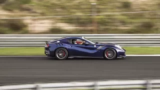 BLUE Le Mans Ferrari F12 TDF - LOUD REVS, Fly-by and INSANE Downshifts!!