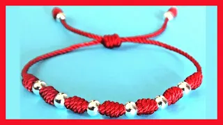 7 knot evil eye bracelet with red string and beads. Tutorial easy bracelet patterns. DIY