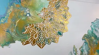 GOLD ⭐️ Stencil Mandala and Acrylic Dutch Pour.  Embellishing 'Billy Loves Blue' Fluid Art painting