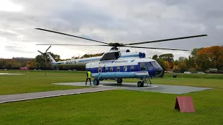 Mil MI-8 helicopter close up start-up and take off in St Petersburg, Russia