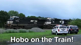 Hobo Riding the Train - Police Arrive! + 3 Passing Trains