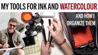 All of my tools for Ink- and Watercolour drawing, organized in a toolbox.