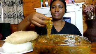 Asmr mukbang ogbono & okra soup with cassava fufu and poundo yam.