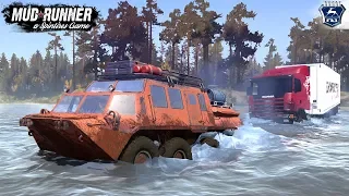 Spintires: MudRunner - GAZ 59037 All Terrain Vehicle Pulls A Semi Truck Across A Deep River