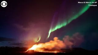 Timelapse video captures Northern Lights above erupting volcano in Iceland