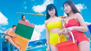 GO FISHING PRANK BATTLE NERF Poops Girl Nerf guns FUNNY STUPID PRANK At Pool | LTV NERF WAR