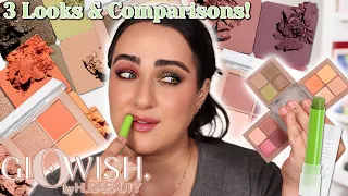 HUDA BEAUTY GLOWISH MICRO MINI EYESHADOW QUADS & SUPER JELLY LIP BALM! LOOKS & COMPARISONS!