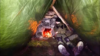 BUILDING a warm Bushcraft SHELTER with a Stone FIREPLACE inside | Winter-Bushcraft-Camping