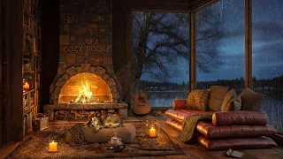 Cozy Room Lakeside with Relaxing Jazz 🌧️ Heavy Rain, Fireplace Sounds, White Noise, ASMR Sleep 4K