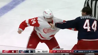 Detroit Red Wings Klim Kostin hits Blue Jackets Cole Sillinger then fights Erik Gudbranson