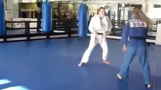 Womens UFC superstar Ronda Rousey demonstrates some of her throwing and armbar techniques in a gi