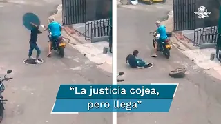 ¿Karma? Intenta robar tapa de alcantarilla... pero se cae dentro de ella