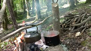 Relaxing in the forest camp and cooking during the rest