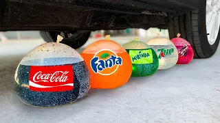 Crushing Crunchy & Soft Things by Car! EXPERIMENT COCA COLA, FANTA, MIRINDA, 7UP BALLS vs CAR TIRE