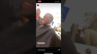 Baker Mayfield jokes around with Nick Chubb during haircut
