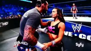 AJ LEE KISSES DANIEL BRYAN AND CM PUNK AT THE AMERICAN BASH