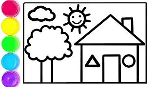 How to Draw a Scenery and House from Geometrical Shapes for Kids and Toddlers🏠☀🌳Learn English Colors