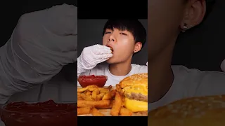 ASMR MUKBANG, Double Cheese Burger, Cajun Fries. #shorts #mukbang #asmr