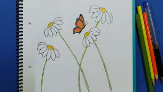 رسم سهل زهرة الأقحوان رسم فراشة'easy drawing daisy flower butterfly drawing'kolay çizim çiçek