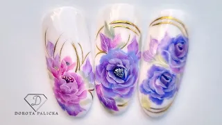 One stroke flowers nail art. Learn advanced one stroke nail design. One stroke roses and peony.