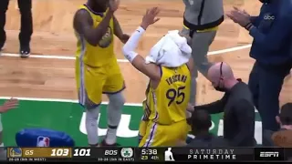 Juan Toscano-Anderson CRASHES at the table to save the ball for the Golden State warriors