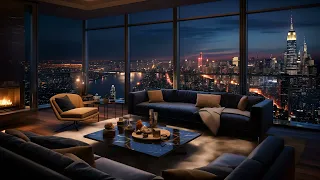 Urban Nightscape Jazz - Relaxing Evening by the Fireplace Overlooking NYC Skyline