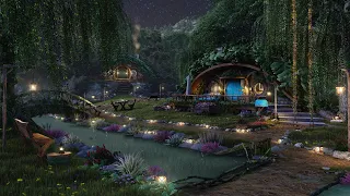 Hobbit Village Ambience🌙Night Time In The Shire, Calming Nature Sounds, Occasional Rain, Wind Chimes