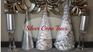 DIY Silver Cone Trees in 3 different finishes. Made with paper cones for the Christmas DIY Challenge