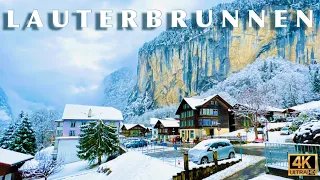 LAUTERBRUNNEN Valley , Switzerland 4K _ Walking tour while snow falling | Swiss Village