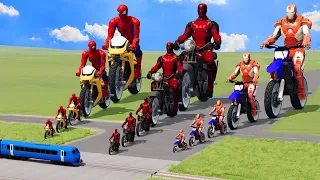 Big & Small Spiderman on a motorcycle vs Deadpool on a motorcycle vs Iron Man on a motorcycle