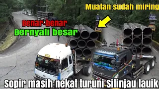 Bernyali besar truck trailer muatan pipa sudah miring nekat munuruni Sitinjau lauik