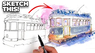 Loose INK & WATERCOLOR sketching process for beginners (Perspective tips you have to know!)