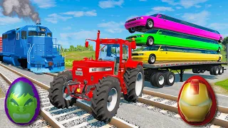Funny Cars vs Flatbed Trailer Truck Rescue Bus Tractor Truck transport Long Car vs Train BeamNG