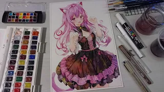 watercolor painting anime fanart girl || coloring anime using only watercolor | drawing anime girl