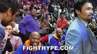 (WOW!) MAYWEATHER & PACQUIAO MEET AGAIN, GRIN, & SHAKE HANDS AT BASKETBALL GAME; REMATCH NEXT?