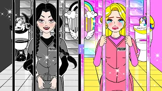 Paper Dolls Dress Up - Black Wednesday Addams VS Rainbow Rapunzel - Barbie Extreme Jail Makeover