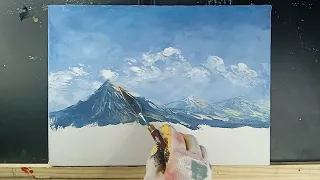 Acrylic landscape painting /palette knife/mountains and lake/easy for beginners