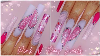 PINK VALENTINES ACRYLIC NAILS💕🩷/ REAL TIME ACRYLIC APPLICATION/ LONG NAILS / NAILS FOR BEGINNERS