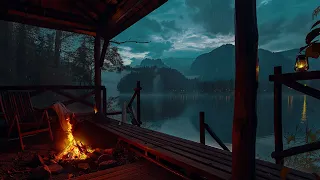 Cozy Campfire by the Lake on a Rainy Day | Rainfall help to Relax, Sleep, Stress Relief