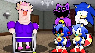 SONIC, CATNAP, BABY SONIC AND BABY SONIC.EXE VS ESCAPE GRUMPY GRAN IN ROBLOX