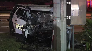 Multiple Car Crash Including Broward Sheriff Deputies' Vehicle Destroyed After Hitting A Pole