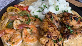 MASHED POTATOES, SHRIMP AND PAN SEARED CHICKEN THIGHS WITH CREAMY WHITE WINE SAUCE | DINNER IDEA