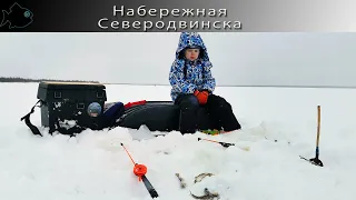 Первая зимняя морская рыбалка пятилетнего рыбачка на заливе Параниха в Северодвинске